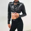 Iamty Black PU Leather Crop Jacket Street Wear Punk Style Womens Coats Long Sleeve Turn-Down Zipper Short Fashion 211029
