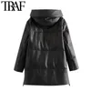TRAF Kadınlar Moda Kalın Sıcak Kış Faux Deri Parkas Coat Vintage Kapşonlu Uzun Kollu Kadın Giyim Şık Palto 210415
