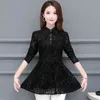 Black Lace Top Women's Blouse Autumn Middle-aged Mother Flocking Midi Blusa Long Sleeve Plus Size Women Clothing 935H 210420