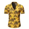 Bleu chemise hawaïenne hommes été à manches courtes palmier imprimé bouton vers le bas Aloha chemises hommes fête de vacances Camisa Hawaiana 2XL 210522