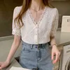 Coreano Verão Mulheres Tops e Blusa V-Pescoço Camisas Costura de Manga Curta Hollow Feminina Camisa Blusas 13985 210512