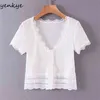 Sexy dentelle Patchwork tricot t-shirt femmes à manches courtes col en V haut court mode blanc été hauts 210514