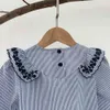 1-7 anni neonate camicia primavera autunno cotone bianco blu ricamo a righe fiore manica svasata bambini camicetta 210521