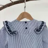 1-7Yrs Baby Girls Shirt Spring Autumn Cotton White Blue Striped Embroidery Flower Flare Sleeve Kids Blouse 210521