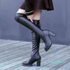女性の新しい秋の膝の上の女性PUレザージッパーレディースハイヒールボタンの女性​​セクシーなプラットフォームレディースファッションシューズ
