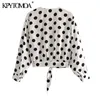 Women Fashion With Bow Tied Polka Dot Cropped Blouses Long Sleeve Button-up Female Shirts Chic Tops 210420