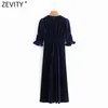 Styl francuski Kobiety Elegancka V Neck Solid Slim Aksamitna Midi Sukienka Lady Spadek Pleats Pół Rękaw Chic Party Vestido DS4772 210420