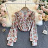 Koreański Elegancki Szyfonowa koszula z długim rękawem Damskie lato słodkie ruffles ciężki przemysł plisowany kwiatowy bluzka damskie topy 210420