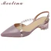 Meotina Pearl Real Leather Mid Heels Pumpar Transparenta Slingbacks Skor Kvinnor Pekade Toe Crystal Strange Style Skor Lila 40 210608