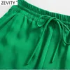 Zevity Women Shight緑色のカラーポケットカジュアルストレートパンツ女性シックな弾性ウエストレースアップ夏の長いズボンP1116 210915