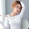 Casual Long-sleeved Black Tight T-shirt One-shoulder V-neck Off-shoulder Top Female Leaky Clavicle Sexy Bottoming Shirt 210514