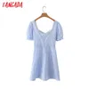 Summer Women Blue Plaid Print Beach Puff Short Sleeve Ladies Mini Dress Vestidos 2M153 210416