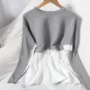 Vestido de Inverno Costura De Contraste Falso de duas peças Blusas Camisola All-Match Pullovers Coreano Top Jumper Womens 210420