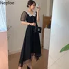 Neploe Korean Woman Dress Chic Elegant Robe Women's Clothing Lace Gauze Patchwork Maxi Dresses Lace Up Temperament Vestidos 210422