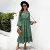 Casual Dresses Bohemian Długie Kobiety Spadek 2021 Kwiatowy Print Latarnia Rękaw Wysokowy Talia Huśtawka Plisowana Boho Party Maxi Dress Vestidos