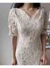 Korea zomer vrouwen kant V-hals korte mouw jurk elegante vintage mode bodycon slanke zeemeermin vestidos 210519