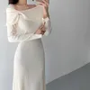 Korobov Vintage Ofis Bayan Zarif Kadın Triko Elbise Kore Kapalı Omuz Uzun Kollu Örgü Vestidos Yeni A-Line Elbiseler 210430