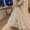 Elastisk hög midja spetsar kjolar Kvinnor Vår Höst Koreansk Elegant Casual A-Line Black Long Mujer Faldas Kvinna 210520