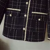 Luxe Designer Wol Jas Vrouwen Zwart Vintage V-hals Plaid Tweed Jassen Gouden Knopen Elegante Kantoor Dame Uitloper Koreaanse A396 220105