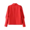 Eleganta kvinnor Red Puff Sleeve Blazers Fashion Ladies Pocket Jackor Streetwear Kvinna Chic Notched Collar Coats 210430