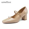 Sophitina Mary Jane Classic Women Shoes Pearl Handmad Buckle Skor Square Toe Tjocka Höghälsa Äkta Läder Kvinna Pumpar AO814 210513