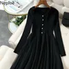 Neploe Plus Size Woman Dress Knitted Patchwork Gauze Black Vestidos V-neck Long Sleeve Robe High Waist Slim Maxi Dresses Women 210422