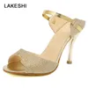 Lakeshi sommar kvinnor pumpar små klackar bröllopskor guld silver stilett high heels peep toe kvinnor heel sandaler damskor x0526