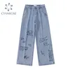 Pantalon en denim à jambe large pour femme, imprimé peint à la main, bleu délavé, pantalon droit, pantalon Harajuku Tide, femme 210417