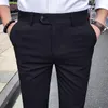 Calças masculinas 2021 primavera outono lápis para homens vintage cintura mid botão calças macho casual longo calça britânica vestido terno