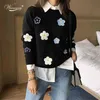 Korean Floral Emobroidery Pullover Sweater High Quality Women Elegant O Neck Knitted Tops C-089 210917