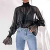 Sexig se genom Ruffles Chiffon Blusar Elegant Perspektiv Långärmade T-shirts Turtleneck Toppar Kvinnor Blus Pullovers 210507