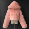 Furry Beskuren Faux Fur Coats Jacka Fluffy Top Coat Hooded Winter Fur Jacket 211018