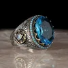 Trouwringen Handgemaakte Zakelijke Dominante Retro Turkse Ring Mannen Vrouwen Antiek Zilver Kleur Gesneden Ingelegd Blauw Zirkoon Biker Party punk