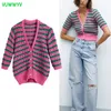 Vuwwwyv Różowy Zielony Paski Przycięte Cardigan Woman Swetry Wiosna Lato Chic Dzianiny Front Przyciski Topy Krótki Rękaw Kurtka 210430