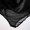 Sexy Zwart Bodysuit voor Dames Diepe V-hals Lange Mouw Hoge Taille Patchwork Mesh Ruched Slanke bodysuits Vrouwelijke Zomer 210521