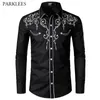 Mens Svart Casual Button Down Dress Shirts Fashion Floral Broderi Shirt Men Party Bröllop Tuxedo Shirt Man Chemise 210524