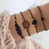 2021 New Fashion 4pcs Gothic Black Feather Bracelets Set Heart Charm Boho Bangles for Women Bracelet Chain Bracelet