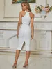 Winter Dames Sexy Designer Midi White Bandage Jurk Dames Elegante Bodycon Tank Party met Riem Vestido 210527