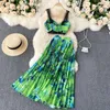 Fashion Summer Beach print camisole lace top with large swing dress 2 piece set sleeveless two-piece elegant pleated women 210420