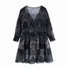 Vintage Women Boho Patchwork Print Dress Fashion Ladies V-Hals Chiffon Streetwear Kvinna Chic Button Mini ES 210427