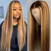 Hög kvalitet 42 -tums brasiliansk hår HD spetsbown blandad blond peruk 13x4 spets frontala peruker långa raka höjdpunkter spets front peruk syntetik för kvinnor