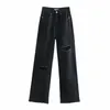 Femmes Chic Mode Déchiré Trou Jambe Large Jeans Vintage Taille Haute Zipper Fly Denim Pantalon Femme Pantalon Mujer