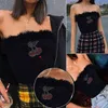 Nya Ankomst Kvinnor Sommar Tankar Topps Sexig Cherry Print Straplfur Tank Crop Tops Ladies Bustier Casual Off Shoulder T-shirt x0507