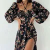 Women Sexy Criss Cross Halter Long Dress New Autumn Off Shoulder High Slit Office Dress 2022 Boho Style Floral Print Party Dress Y1204