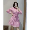 Vuwwyv mulheres vestidos camisa rosa colarinho mini vestido mulher manga folhada plissado poplin senhoras verão cintura elástica 210430