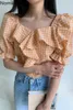 野名韓国のシックな夏の格子縞のブラウスの女性フリルパッチワークスクエアカラーショートパフスリーブシャツフレンチスタイルトップスBlusas 210514