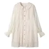 Beige Peter Pan Collar Flare Long Sleeve Button Feather A-line Mini Dress Female Women Summer Casual D1471 210514