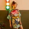 Verão vintage mini vestido mulheres mandarim colarinho estilo chinês imprimir uma linha curta roupas 210427