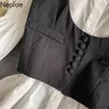 Neploe Frauen Sets Vintage Design Puff Sleeve Plissee Hemd Unregelmäßige Schwarze Weste Oberbekleidung Koreanische Chic Anzug Zwei-stück Weibliche 210422