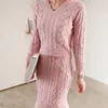 Moda Dzianiny 2-częściowy zestaw Kobiety Z Długim Rękawem V-Neck Sweter Sweter Topy + Midi Syrenka Spódnica Lady Ol Knitting Suit 210514